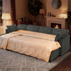 110" Corduroy Pull Out Sofa Bed w/Adjustable Backrests, Sectional U-Shape Sleeper Sofa w/Storage Chaise, Convertible Couch Bed w/USB Charging Port & Cup Holders for Living Room, House, Grey