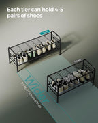 SONGMICS Shoe Rack, 2-Tier Shoe Organizer, Metal Shoe Shelf Storage with 4 Side Hooks, Holds 10 Pairs of Shoes, Height-Adjustable Shoe Rack for Entryway, Hallway, Closet, Easy Assembly, Ink Black