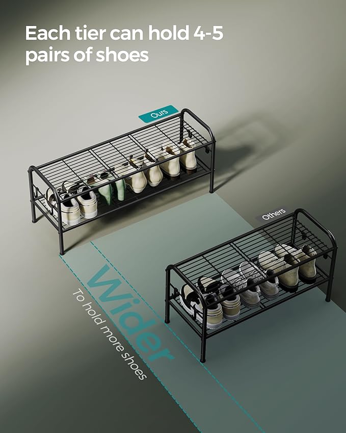 SONGMICS Shoe Rack, 2-Tier Shoe Organizer, Metal Shoe Shelf Storage with 4 Side Hooks, Holds 10 Pairs of Shoes, Height-Adjustable Shoe Rack for Entryway, Hallway, Closet, Easy Assembly, Ink Black