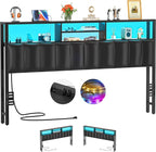 Aheaplus Headboard for King Size Bed with Storage, Upholstered Headboards with Outlets, USB Ports and LED Light, Reversible King Size Head Board, Height Adjustable, Comfortable Headboard, Black