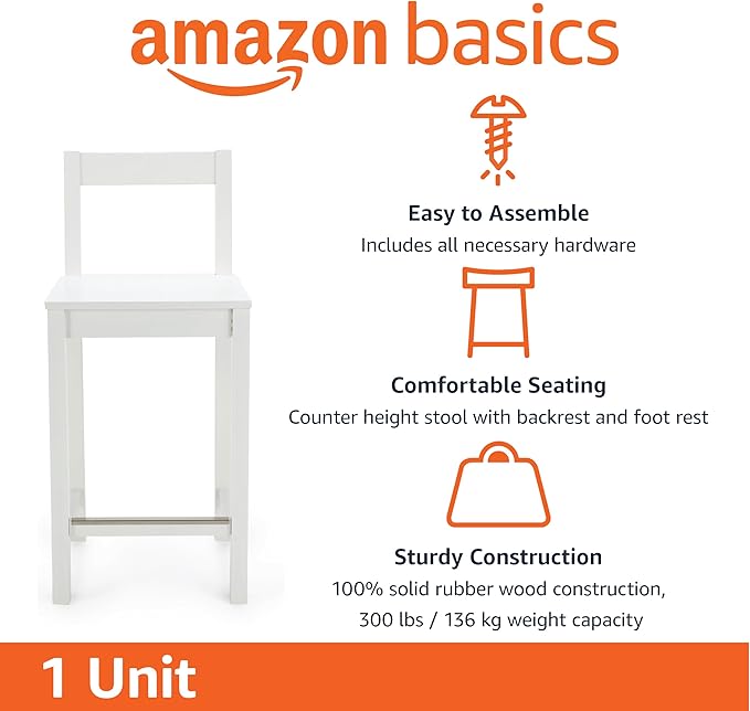 Amazon Basics Wooden Bar Stool with Backrest 24", White, 1 Unit