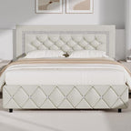 BarnFurin Queen Bed Frame with Diamond Tufted Headboard, Faux Leather Upholstered Bed with Wooden Slats Support, No Box Spring Needed, Mattress Foundation, Easy Assembly, Cream