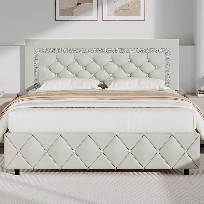 BarnFurin Queen Bed Frame with Diamond Tufted Headboard, Faux Leather Upholstered Bed with Wooden Slats Support, No Box Spring Needed, Mattress Foundation, Easy Assembly, Cream