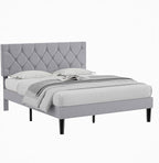 VECELO Full Bed Frame with Headboard, Upholstered Platform Bedframe with Wooden Slat Support, Button Tufted Design, No Box Spring Needed, Linen Grey