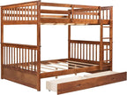 Merax Full Over Full Size Wood Bunk Bed with Drawers,Convertible Bunk Bed with Ladders and Two Storage Drawers,Solid Wood Detachable Bed Frame with Ladders, Walnut