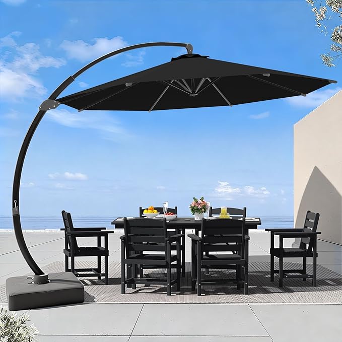 7 Piece Patio Dining Set with 11ft Patio Umbrella (Black), 7 Black Outdoor HDPE Dining Set with 6 Chairs + 1 Large Table with 2" Umbrella Hole, for Market, Pool, Garden, Backyard, Deck