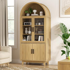Arched Cabinet with Glass Doors, 71" Tall Fluted Galss Cabinet with Solid Wood Legs, Adjustable Shelves Accent Furniture for Living Room, Kitchen, Dining Room, Entryway, Natural