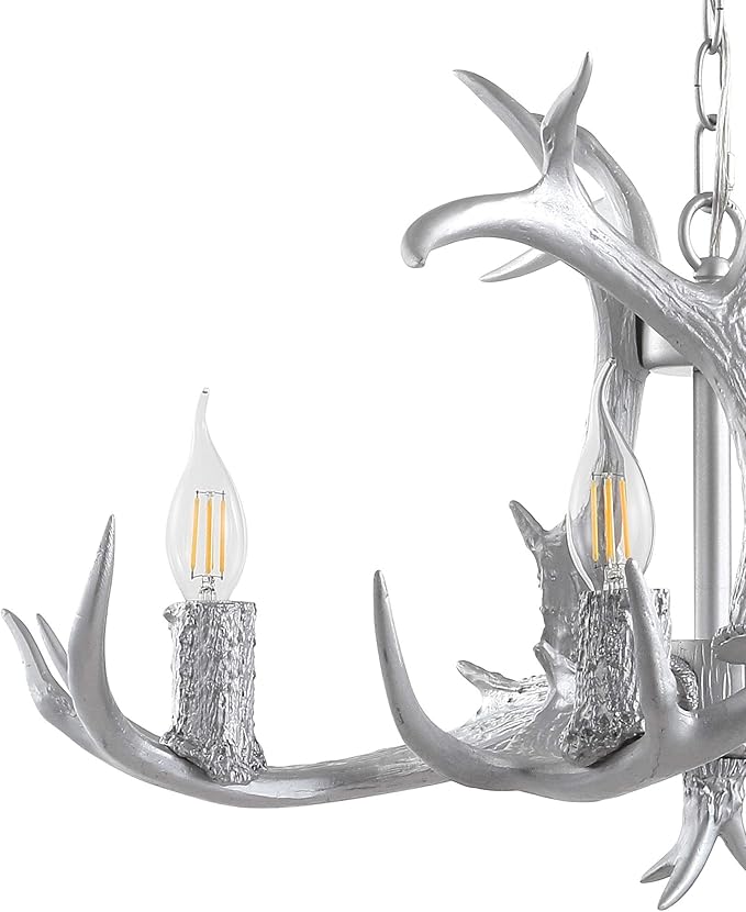 JONATHAN Y JYL6301C Eldora 26" Adjustable Resin Antler 4-Light LED Chandelier, Glam, Rustic,Cottage,Transitional, Dimmable Dining Room, Living Room, Kitchen, Foyer, Bedroom, Silver