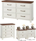 Farmhouse Bedroom Dresser and Nightstand Set of 4, 6 Drawer Low & 5 Drawers Dresser & 2 Drawer Nightstand Set, Rustic Wood Bedroom Furniture Set for Livingroom, Hallway, White