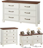 Farmhouse Bedroom Dresser and Nightstand Set of 4, 6 Drawer Low & 5 Drawers Dresser & 2 Drawer Nightstand Set, Rustic Wood Bedroom Furniture Set for Livingroom, Hallway, White