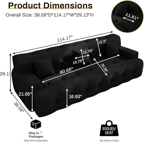 114'' Oversized Sectional Couches for Living Room Boneless Modular Sectional Sofa Plush Cloud Modular Couch Modern Sectionals with Deep Seat, No Assembly Required, 3 Seater, Black
