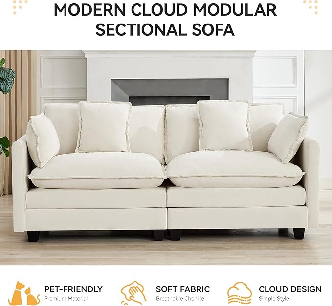 76'' Cloud Deep Seat Loveseat, Upholstered Chenille Modular 2-Seats Sectional Sofa Couch, Modern Comfy Settee Loveseat for Living Room Set, Small Apartment, Beige