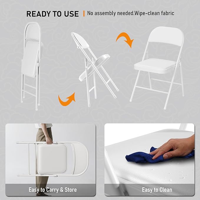 SEALAMB 4 Pack White Folding Chairs with Padded Seats & Cushion, Durable Metal Foldable Chairs for Wedding Party, Commercial Chairs for Office School Church Events, 330lb Capacity (White-PU, 4 Pack)