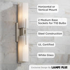 Possini Euro Design Midtown Mid Century Modern Wall Mount Light Brushed Nickel Silver Metal 23 1/2" Wide 2-Light Vanity Fixture Rectangular White Glass Decor for Bathroom Over Mirror House Home