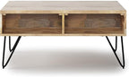 SIMPLIHOME Hunter Small Lift Top Coffee Table - 36 inch Wide Solid Mango Wood and Metal Industrial Cocktail Table in Natural, Living Room Table with Hidden Storage, 2 Cubbies, and Hairpin Legs