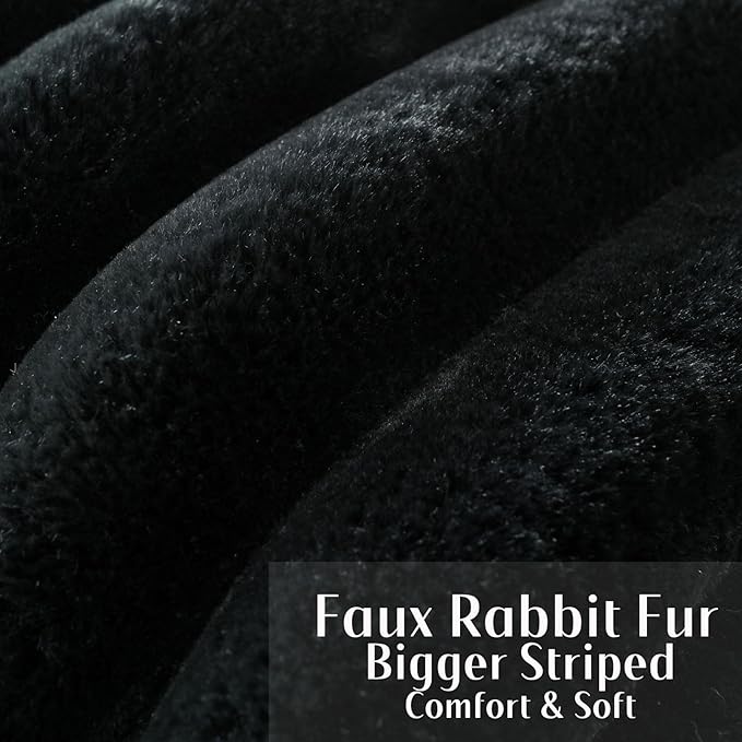 FUTEI Black Decorative Throw Pillow Covers 24x24 Inch Set of 2, Square Soft Faux Rabbit Fur Thick Striped European Cushion Covers,Winter Home Decor for Couch Bed Living Room