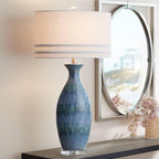 Possini Euro Design Annette Modern Style 3-Way Table Lamp with Table Top Dimmer 38" Tall Blue Drip Ceramic Off White Fabric Oval Shade Decor for Living Room Bedroom House Bedside Home