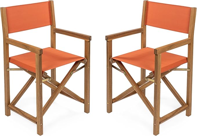 JONATHAN Y DRC1000C-SET2 Cukor Classic Vintage Outdoor Acacia Wood Folding Director Chair with Canvas Seat Classic, Vintage, Mid-Century, Modern, Traditional, Coastal, Orange/Teak Brown (Set of 2)