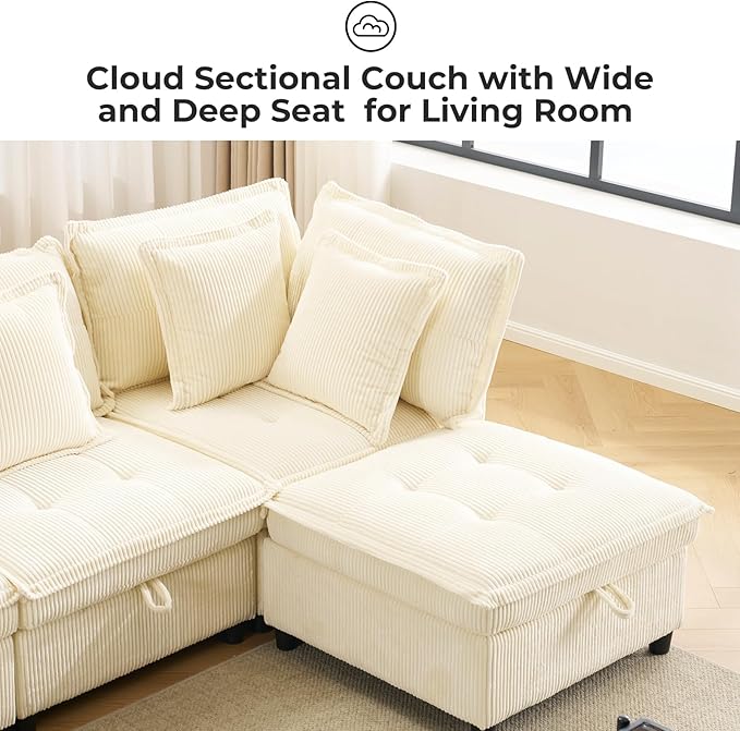 103" Modular Sectional Sofa, L-Shaped Corduroy Comfy Sectional Couches for Living Room, 3-Seater Cloud Couches with 1 Ottoman, Modern Deep Seat Sofa with Large Storage, Corduroy Beige