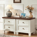 Farmhouse Nightstand Set of 2, Rustic Low Nightstands with 2 Drawers & Charging Station, Vintage Night Stands with 4 Square Solid Wood Legs, Small Dresser for Bedroom, Home, White