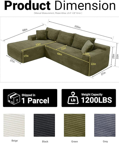 108 Inch Cloud Sectional Couch,Modern Modular Sectional Sofa with Deep Seat,Corduroy Boneless Couches with L-Shape Chaise for Living Room,No Assembly Required (Green, Left Facing Chaise)
