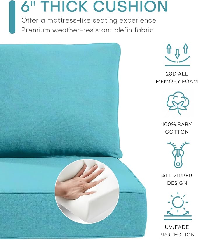 Luxury 22x24/22x25 6-Inch Outdoor Deep Seat Cushions Set of 6 - Comfortable Patio Zipper Chair Cushion for Wicker Dining Rocking Gilider Loveseat Couch Sectional Sofa - Turquoise