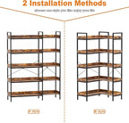 KOUSEI Bookshelf 5-Tier, L-Shaped Reversible Corner Bookshelf, 65" Industrial Wide Open Bookcase with Metal Frame and 4 Hooks for Living Room, Bedroom, Home Office, Rustic Brown