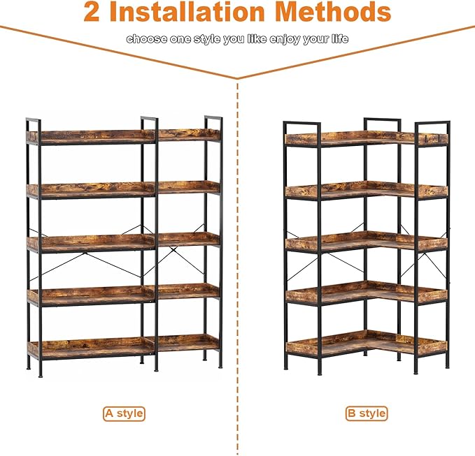 KOUSEI Bookshelf 5-Tier, L-Shaped Reversible Corner Bookshelf, 65" Industrial Wide Open Bookcase with Metal Frame and 4 Hooks for Living Room, Bedroom, Home Office, Rustic Brown
