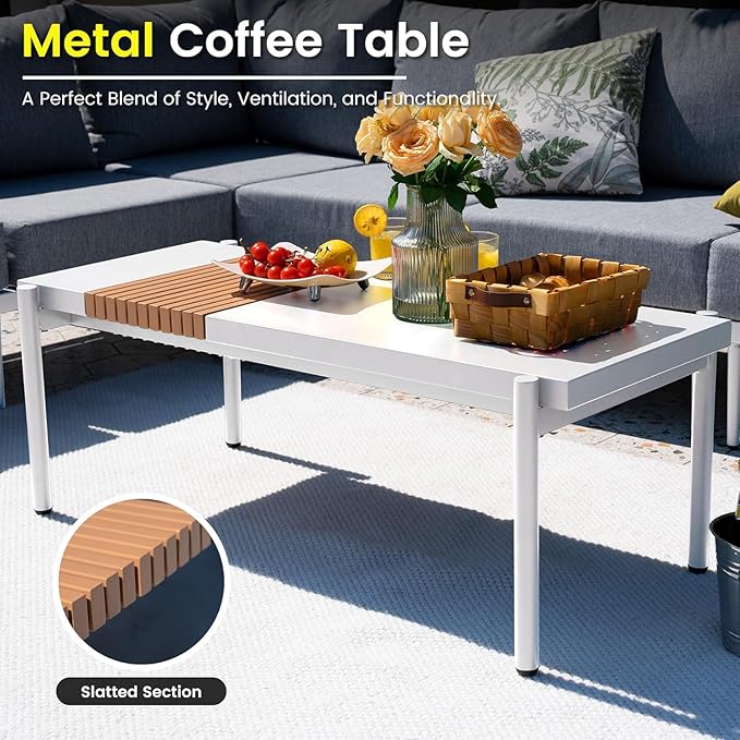 Sundale Outdoor 3 Pieces Patio Furniture Set, Metal Outdoor Sectional Sofa with 6 Inch Olefin Cushion and Coffee Table, All-Weather Modern Outdoor Conversation Sets (Wihte Frame)