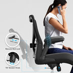 Office Home Ergonomic Desk Chair-Computer X-Shaped Chair Mesh PU Leather with Adjustable Lumbar Support-Executive Chair High Back Flip-Up Arms for Long Hours (Black-No Headrest)
