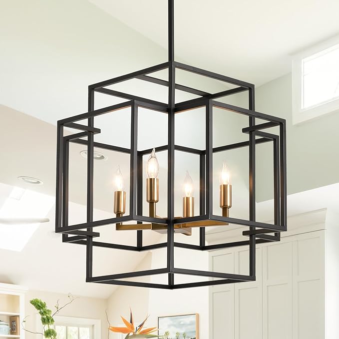 WJShome High Ceiling Foyer Chandelier: 4-Light Farmhouse Lantern Chandeliers for Entryway Industrial Large Pendant Light Fixtures for Entry Staircase Hallway Dining Room Kitchen Island, Black & Gold