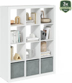 Furinno Cubicle Book Shelf, 12-Cube Bookshelf, Triple Thick Frame Cube Storage Organizer, Bookcase, 15.4 x 57.4 x 43.4, for Home Office, Living Room, Plain White