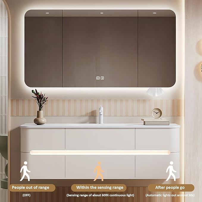 56IN Bathroom Vanity - Bathroom Vanity with Sink with Intelligent Induction Light | Wall-Mounted Bathroom Vanity with Intelligent LED Mirror Cabinet & 6 Drawers, Cream Color