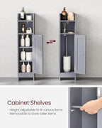 VASAGLE Small Storage Corner Floor Cabinet with Door, 7.9 x 7.1 x 31.5 Inches, Narrow Toilet Paper Storage Holder, Adjustable Shelves, for Bathroom, Living Room, Small Spaces, Dove Gray UBBC310P36