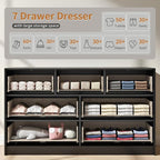 Black Dresser with 7 Drawer - 55” Wide Fluted Dresser for Bedroom with Metal Handle, Chest of Drawer, Wood TV Stand for Bedroom, Living Room, Black