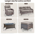 Swivel Patio Chairs sofa Set of 6 with 6" Thick Cushion - Wicker Outdoor Swivel Rocker Patio Chair ,Sofa/Glass coffee table, High Back Comfortable Outdoor Glider Chairs - Brown Wicker | Gery Cushions