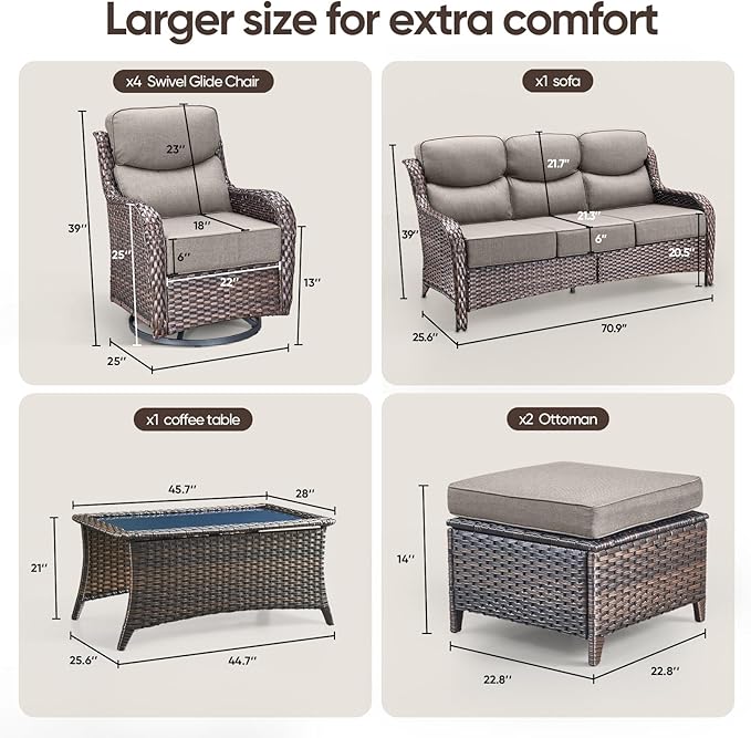 Swivel Patio Chairs sofa Set of 6 with 6" Thick Cushion - Wicker Outdoor Swivel Rocker Patio Chair ,Sofa/Glass coffee table, High Back Comfortable Outdoor Glider Chairs - Brown Wicker | Gery Cushions