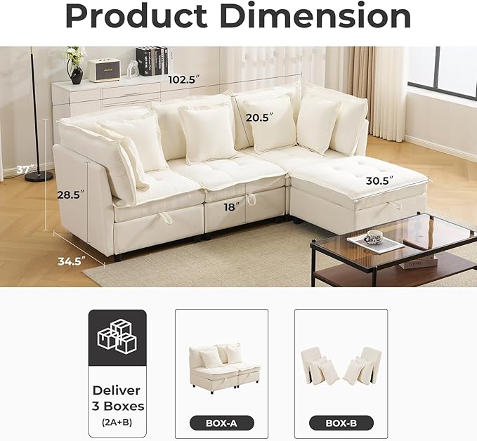 103" Modular Sectional Sofa, L-Shaped Corduroy Comfy Sectional Couches for Living Room, 3-Seater Cloud Couches with 1 Ottoman, Modern Deep Seat Sofa with Large Storage, Beige