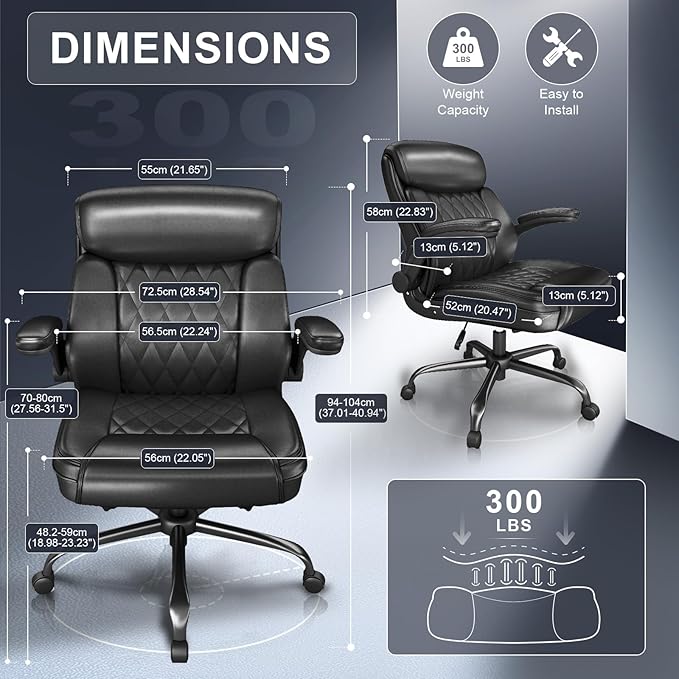 AnyGod Executive Leather Office Chair, Ergonomic Mid-Back Desk Chairs Comfy for Home Office with Flip-up Armrests, Lumbar Support, Adjustable Height and Swivel Rolling Wheels
