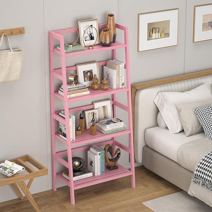 Homykic Bamboo Ladder Bookshelf, 4-Tier Ladder Shelf Open Book Shelf Freestanding Bookcase Bathroom Storage Rack Plant Stand for Living Room, Bedroom, Office, Easy Assembly, Pink