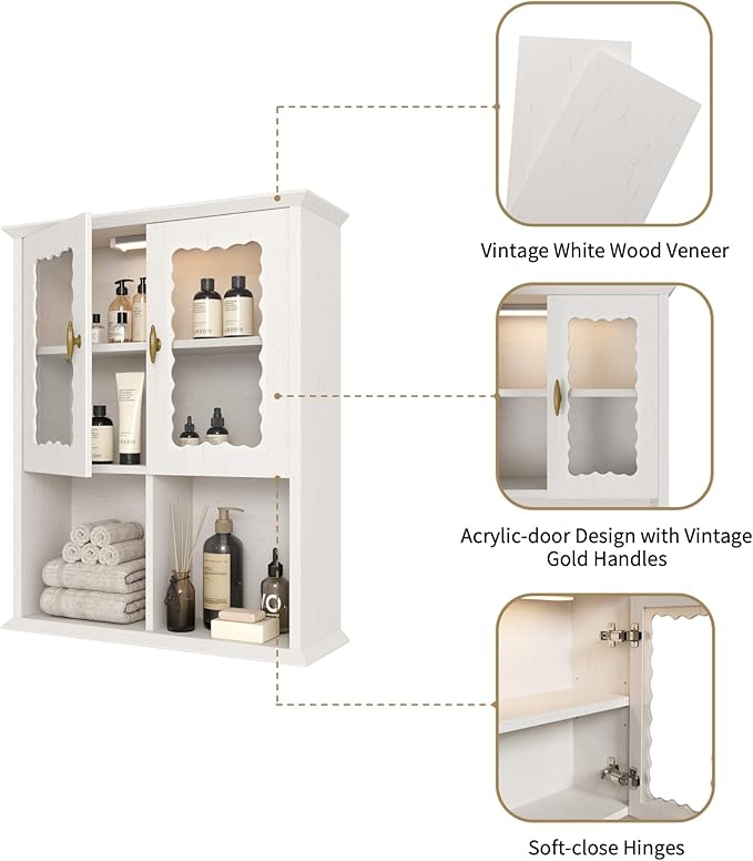 CJL Bathroom Wall Cabinet with Motion Sensor Led Light, Over The Toilet Storage Cabinet, 23.6'' x 29.5'' Medicine Cabinet of Mid-Century Modern Design with Acrylic Door, White