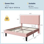 Allewie Queen Size Upholstered Bed Frame with Vertical Channel Tufted Headboard, Soft Corduroy Fabric Platform Bed, Strong Wooden Slats Support, Easy Assembly, No Box Spring Needed, Light Pink