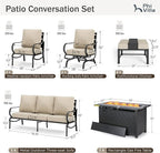 PHI VILLA 8 Piece Outdoor Patio Furniture Set with 1 x 45 FirePit Table, 1 x 72 Deep Seating Sofa Bench, 2 x C-Base Sofa Chairs, 2 x Armrest Legs Chair and 2 x Metal Cushioned Ottoman