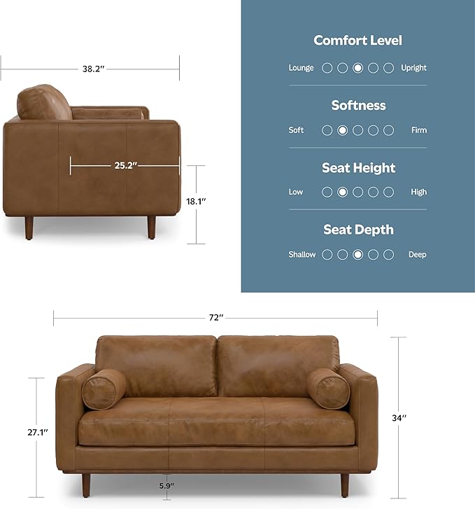 SIMPLIHOME Morrison 72-inch Wide Sofa in Caramel Brown Top Grain Genuine Leather, Mid-Century Modern-Style Loveseat for Living Room, Single Bench Cushion, Removable Back Cushions, 2 Bolster Pillows