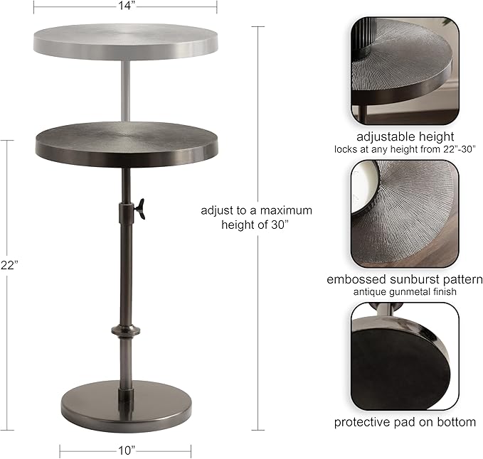 Kate and Laurel Engles Traditional Adjustable-Height Pedestal Side Table, 14 x 14 x 30, Metallic Black, Vintage Round Indoor Metal Plant Stand with Embossed Pattern for Use as Bedroom Nightstand