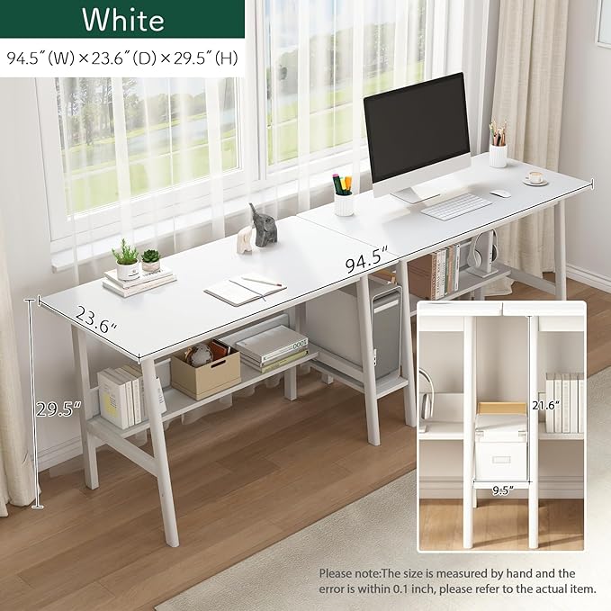 2-Person Writing Desk with Bookshelf - 94" Wooden Extra Long Home Office Work Table, Double Study Computer Workstation with Storage Shelves in White, 94" W x 24" D