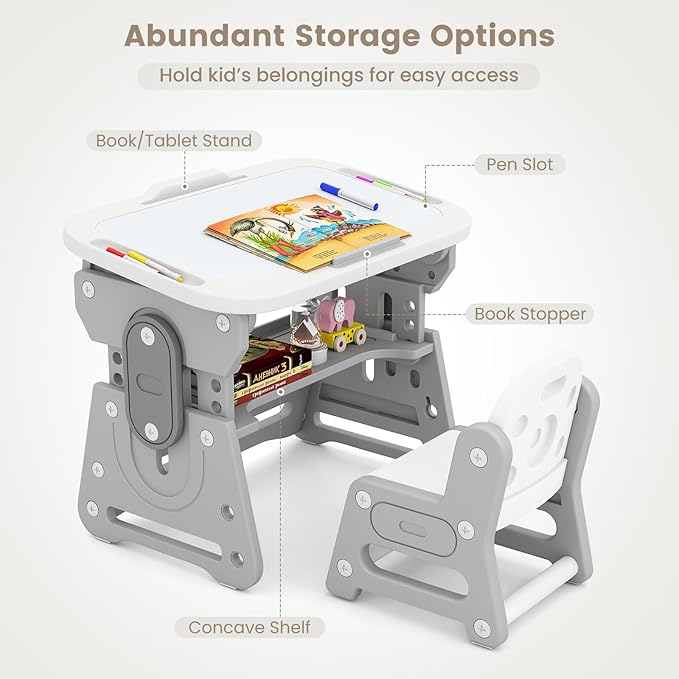 INFANS Kids Adjustable Table & Chair Set with Drawing Board for 3+, Toddler Activity Desk for Drawing with Storage Shelf, Non-Slip Pads, Watercolor Pens & Eraser, Indoor Art/Study Furniture (Grey)