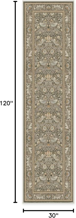 RUGGABLE x Morris & Co Machine Washable Runner Rug – Strawberry Thief Stone Gold 2.5x10, Stain-Resistant, Non-Slip – Washable Rug for Hallway, Entryway, Living Room & Kitchen–with Cushioned Pad
