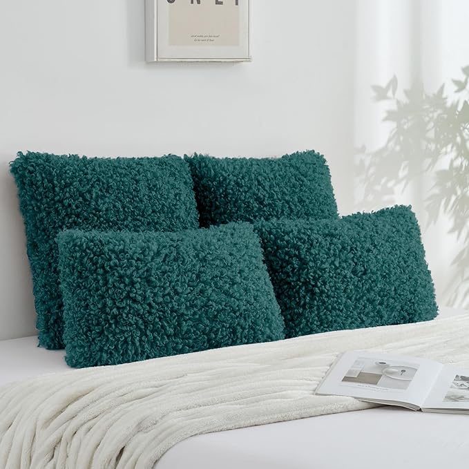FUTEI Teal Decorative Throw Pillow Covers 12x20 Inch Set of 2,Soft Fluffy Faux Wool Fur Boucle Textured Lumbar Pillow Case,Modern Home Decor for Couch Bed Living Room Office