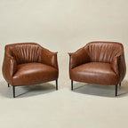 KINWELL 33" W Faux Leather Barrel Chairs Set of 2 with Hand-Tufted Pleated Back Flared Arms, Modern PU Upholstered Accent Chairs with Metal Legs, Large Armchairs Lounge Chairs for Living Room, Brown